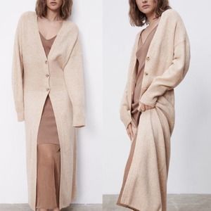 Zara Wool Blend Long Maxi Cardigan Coat Beige Small 5755/157